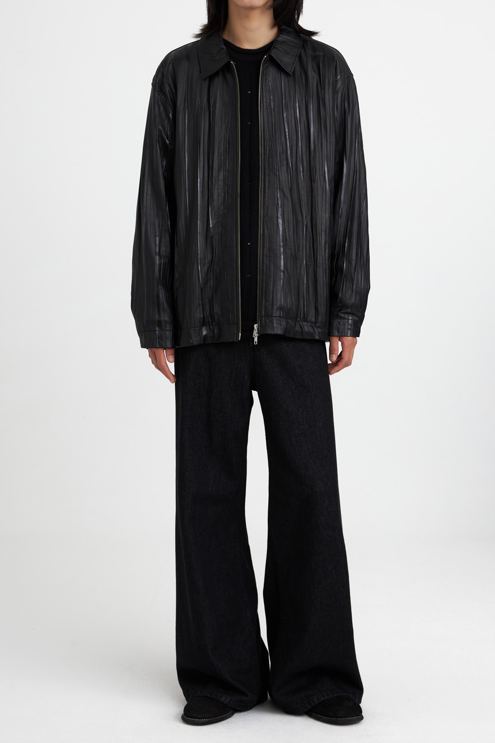 Oversized Leather Zip-up Collar Jacket