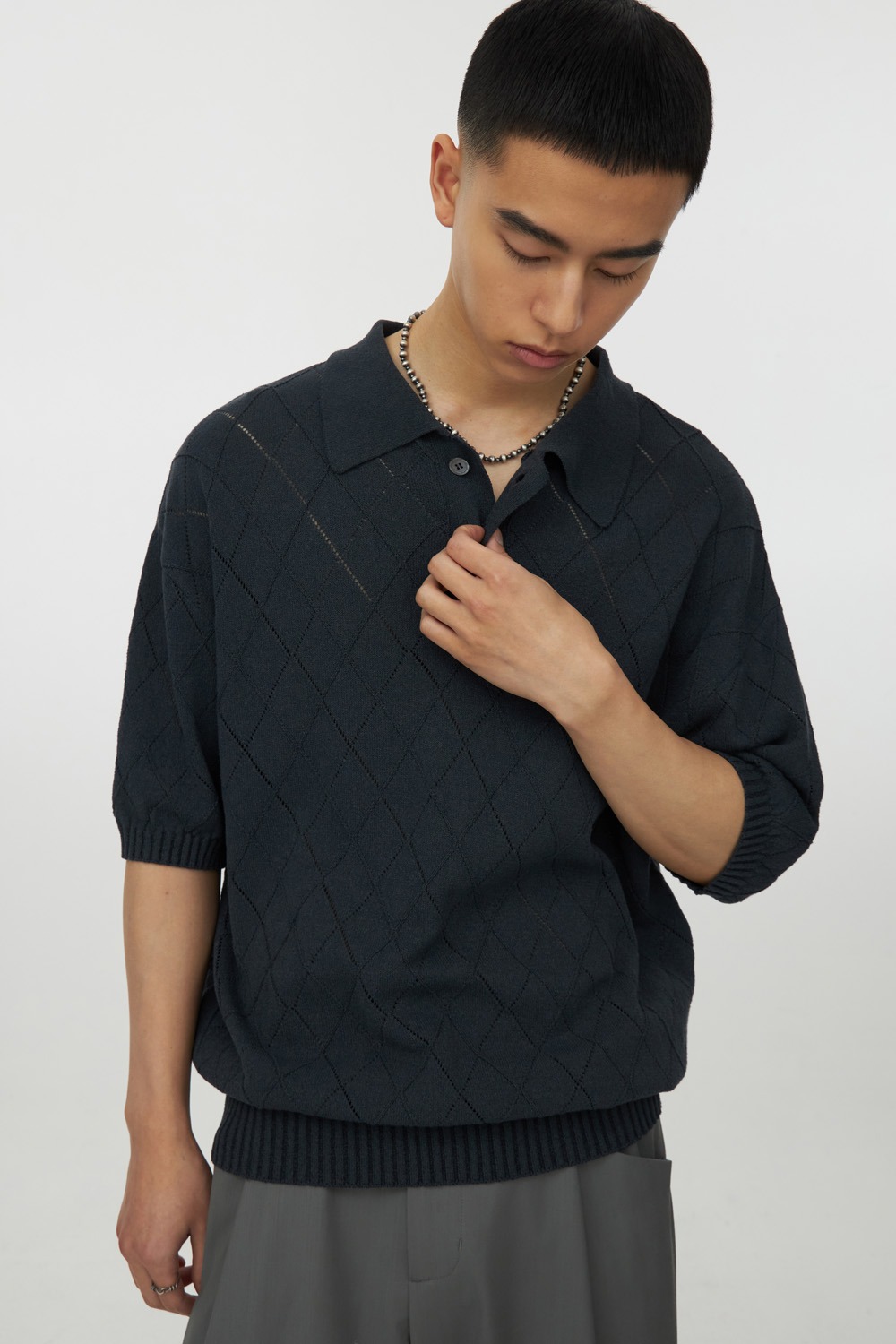 Argyle Knit Collar Half T-Shirt